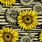 Sunflowers field seamless vector pattern for fabric textile design. Horizontal stripped brush strokes, ready to print.