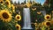 sunflowers in the garden Fantasy waterfall of joy, with a landscape of sunflowers and butterflies,