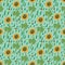 Sunflowers and ladybugs seamless vector pattern in green and yellow