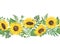 Sunflowers and leaves horizontal border watercolor illustration seamless ornament, perfect for cards, invitations, fabric with