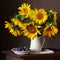 Sunflowers and plums. bouquet of large yellow sunflowers