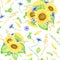 Sunflowers seamless pattern. Hand drawn watercolor bouquets with yellow flowers, cornflowers, wheat spikelets