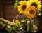 Sunflowers in vase on table over wooden background