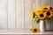 Sunflowers in a vase on a wooden background, a radiant composition with text space