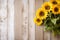 Sunflowers in a vase on a wooden background, a radiant composition with text space