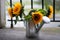 Sunflowers and watering can