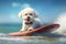 Sunglassed Surfer Chic: Bichon Frise Dog Catches Waves of Joy on a Surfboard - Generative AI