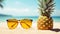 Sunglasses and ananas on the beach. Summer feelings, tropical holidays, vacation concept. Generative AI