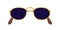Sunglasses, beach eyeglasses of oval lenses, gold rim frame. Sun glasses, fashion eyewear in retro style. Stylish trendy