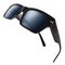 Sunglasses in black bright color in plastic material. Glasses side view without shadow. Trendy eyewear with blue lenses isolated