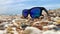 Sunglasses with blue lenses lie on a sandy shell beach on the sea front in sunny weather.