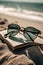 Sunglasses on a book with a beach behind, Generative AI