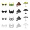 Sunglasses, carnival mask, famous Brazilian coffee, beach umbrella. Brazil set collection icons in cartoon black