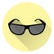 Sunglasses with glare. On a circular yellow background with a shadow. Flat style, icon.