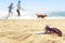 Sunglasses and phone on the beach with people on background