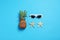 Sunglasses, pineapple and starfishes, flat lay. Beach accessories