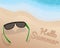 Sunglasses place on sand at the beautiful beach and shading blue tone of wave and writing Hello Summer on the sand. illustration.