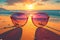 Sunglasses on sandy beach frame vibrant ocean sunset landscape