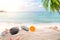 Sunglasses on sandy in seaside summer beach with starfish, shells, coral on sandbar and blur sea background.