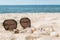 Sunglasses and seashells on white sand of tropical beach by seashore, summer seascape, sea relax and resort vacation