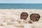 Sunglasses and seashells on white sand of tropical beach by seashore, summer seascape, sea relax and resort vacation