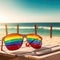 Sunglasses on summer beach. Rainbow colored symbol on sunny beach. Vacation concept on seascape background on afternoon