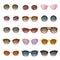 Sunglasses vector cartoon eyeglasses or sun glasses in stylish shapes for party and fashion optical spectacles set of