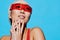 Sunglasses woman positive face portrait asian fashion smiling emotion pretty model beauty red blue