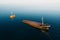 Sunken cargo ship near Crimean seaside, aerial view from drone. Shipwreck vessel with nose of ship above sea water