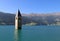 The sunken church tower in the Reschensee in Italy