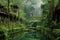 sunken city engulfed by dense forest growth