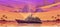 Sunken cruise ship in sea harbor at sunset