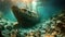 Sunken ship in the sea. Underwater world. 3d rendering, Titanic shipwreck lying silently on the ocean floor. The image showcases