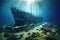 Sunken ship wreck in the blue ocean. Underwater view, Titanic shipwreck lying silently on the ocean floor. The image showcases the