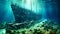 Sunken ship wreck in the blue ocean. Underwater view, Titanic shipwreck lying silently on the ocean floor. The image showcases the