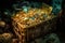 sunken treasure chest, filled with gold and jewels, resting on the ocean floor