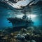 sunken warship lying on the bottom of the ocean among corals