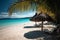 Sunkissed Beachscape Palmfringed Sandy Beach, Azure Waters, Sun Umbrellas. Generative AI