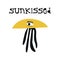 Sunkissed - Summer kids poster with a jellyfish and letteringcut out of paper. Vector illustration