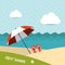 Sunlight beach day. red umbrella on tropical islan