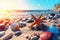 Sunlight, blue water, colorful starfish and shells on the beach summer holiday background