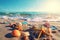 Sunlight, blue water, colorful starfish and shells on the beach summer holiday background