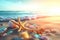 Sunlight, blue water, colorful starfish and shells on the beach summer holiday background