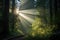 sunlight filtering through a dense forest, creating god rays