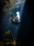 Sunlight illuminates a diver beneath the duckweed at Catfish Hotel in Manatee Springs State Park, Florida