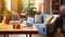 Sunlight illuminates living room workplace home office interior for comfort productive work, brown and blue colours. On wooden