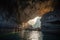 sunlight illuminating rocky sea cave walls
