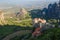 Sunlight over monastery Roussanou in the morning on top of the mountain, Meteora, Greece