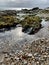 Sunlight over a stormy low-tide coastline