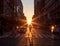Sunlight shines on a woman crossing the street in Midtown Manhattan in New York City